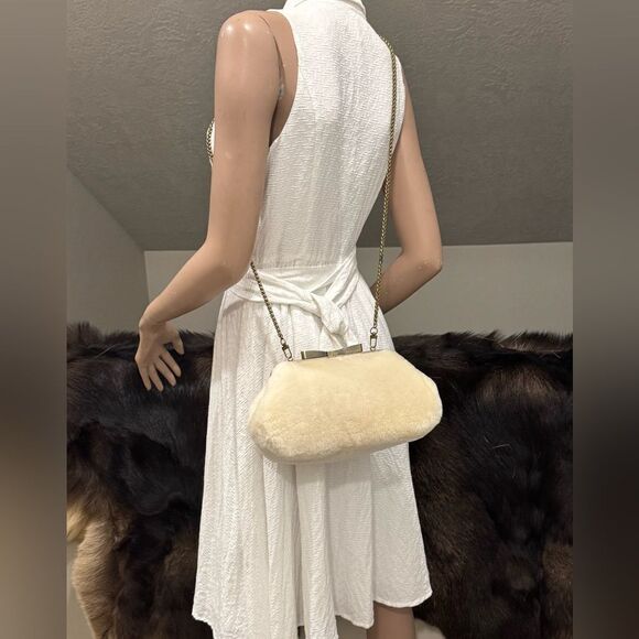 Cream Real Shearling Leather Handmade Bowknot Kisslock Clutch/Wristlet/Crossbody - Picture 4 of 14